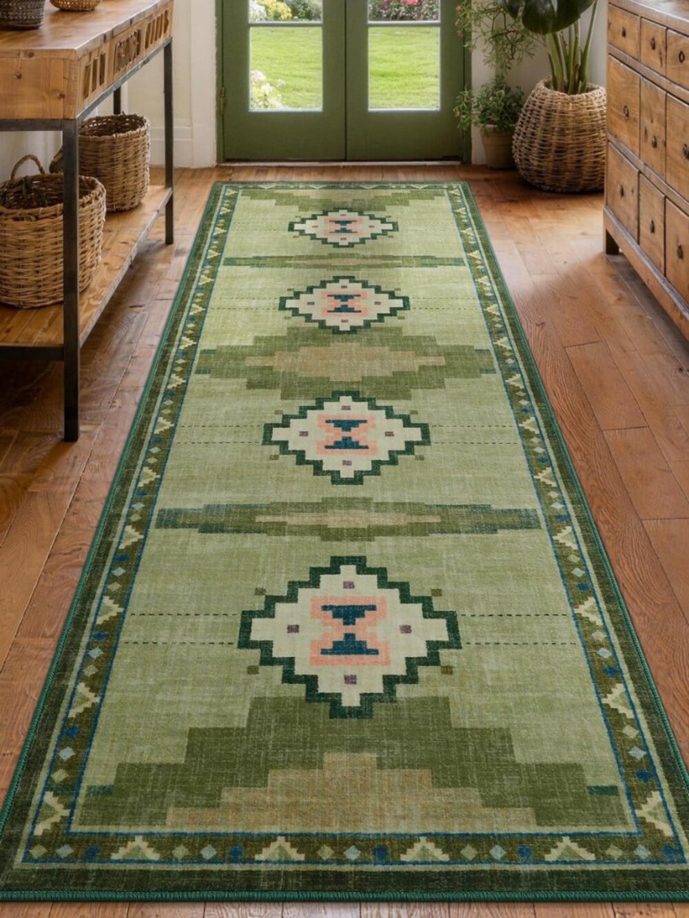2‘x6' Non-Slip Green Mid Century Modern Runner Rug for Kitchen